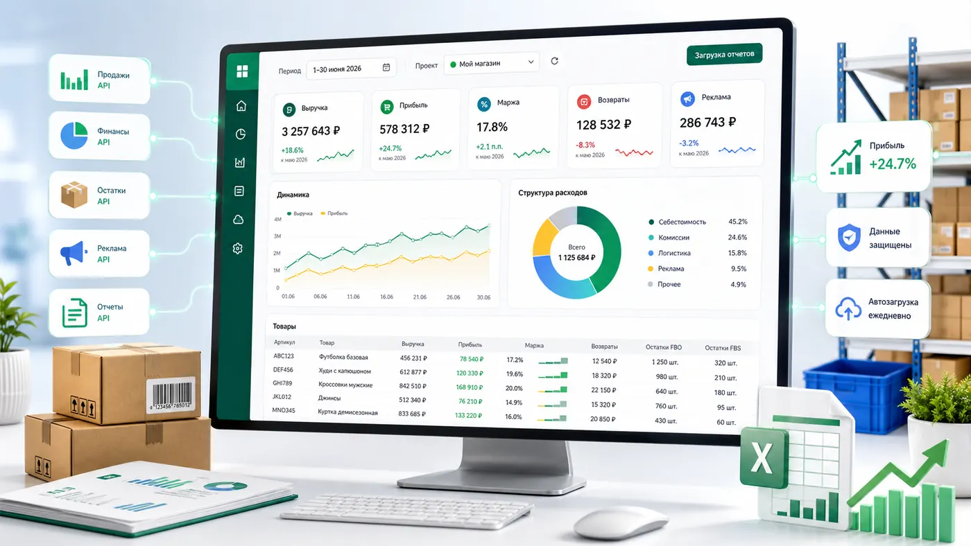 Дашборд Allmpstat с аналитикой продаж, прибыли, маржи, рекламы, остатков и отчетов Ozon